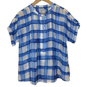 Maeve Anthropologie Tierra Checked Silk Henley  Short Sleeve Top Size Small